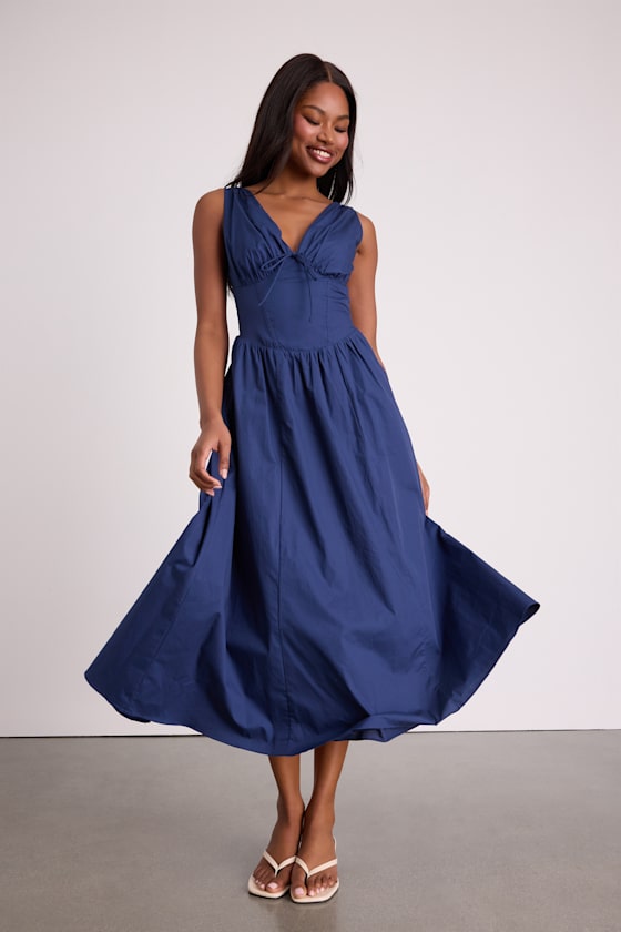 Lettie Ivory Multi Floral Poplin Plunge Neck Midi Dress