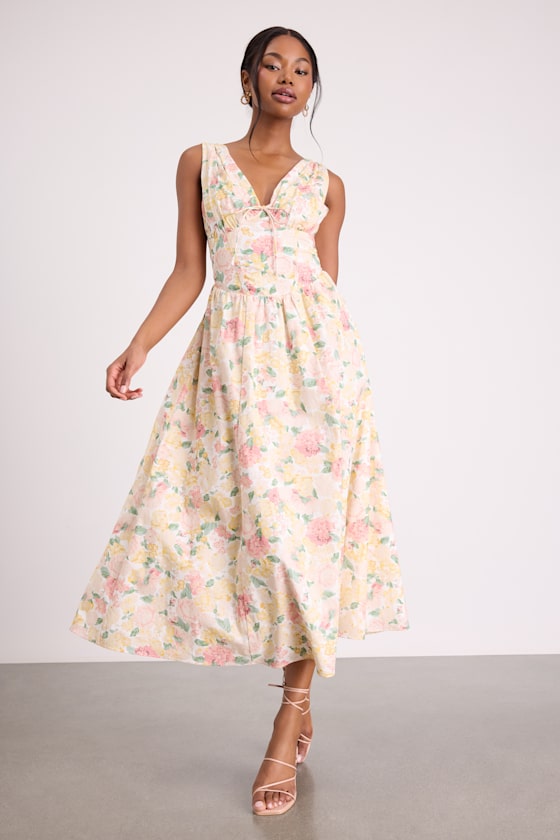 Lettie Ivory Multi Floral Poplin Plunge Neck Midi Dress #Color_Ivory Floral