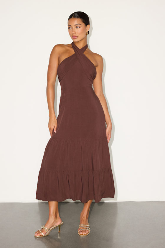Always Eye-Catching Brown Tiered Halter Midi Dress #Color_Brown