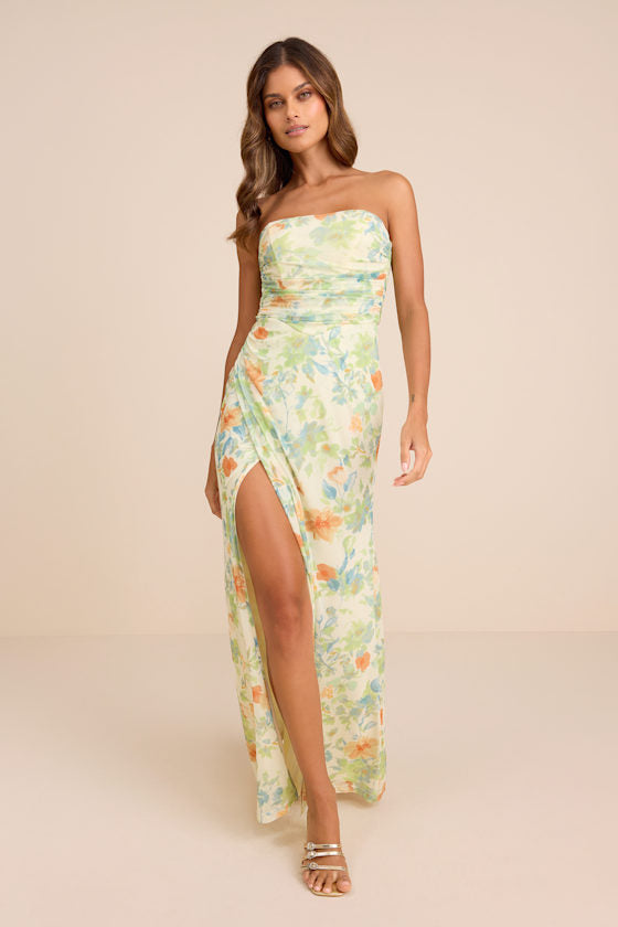 Epitome of Allure Bright Blue Mesh Strapless Ruched Maxi Dress