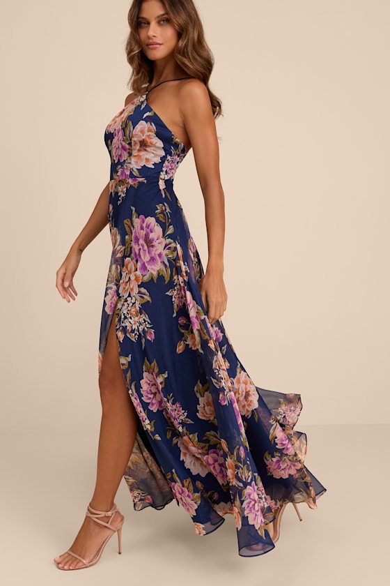 Romantic Marvel Navy Floral Print Halter Neck Maxi Dress #Color_Navy Floral Print