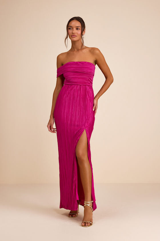 Poised Performance Fuchsia Plisse One-Shoulder Maxi Dress #Color_Fuchsia