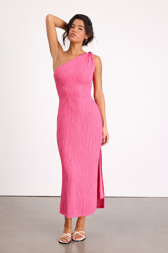 Aristea Fuchsia Textured One-Shoulder Midi Dress #Color_Pink