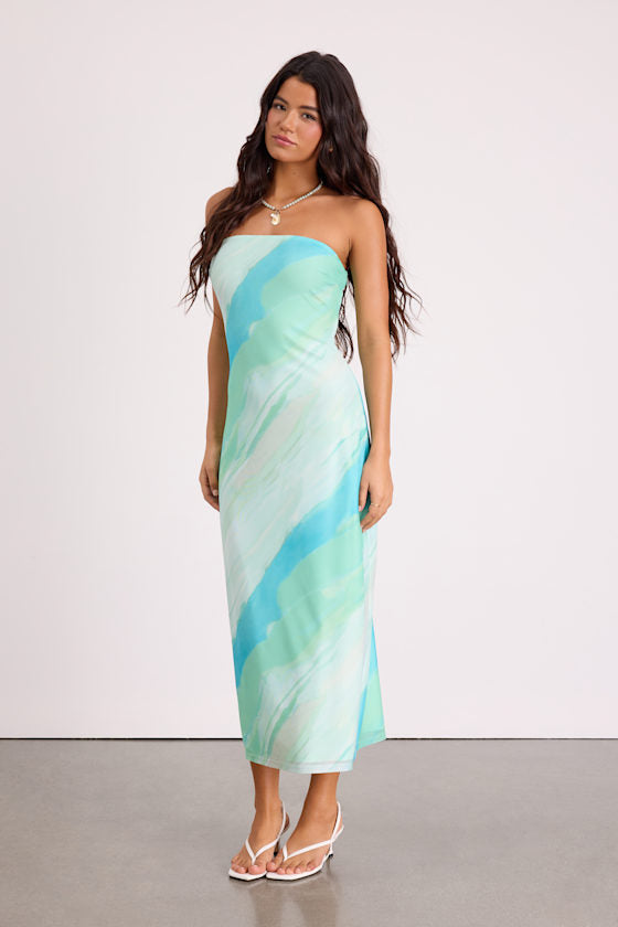 Jaylah Aqua Blue Floral Mesh Strapless Midi Dress