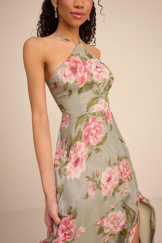 Romantic Marvel Navy Floral Print Halter Neck Maxi Dress
