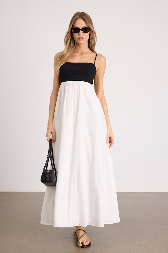Janie Black and White Color Block Backless Maxi Dress #Color_Black and White Color Block