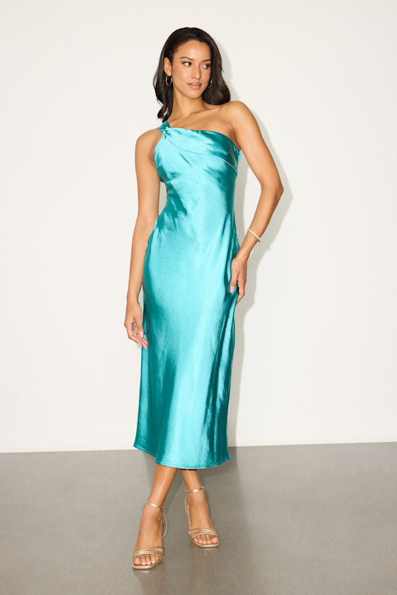 Naima Rust Red Satin One-Shoulder Midi Dress