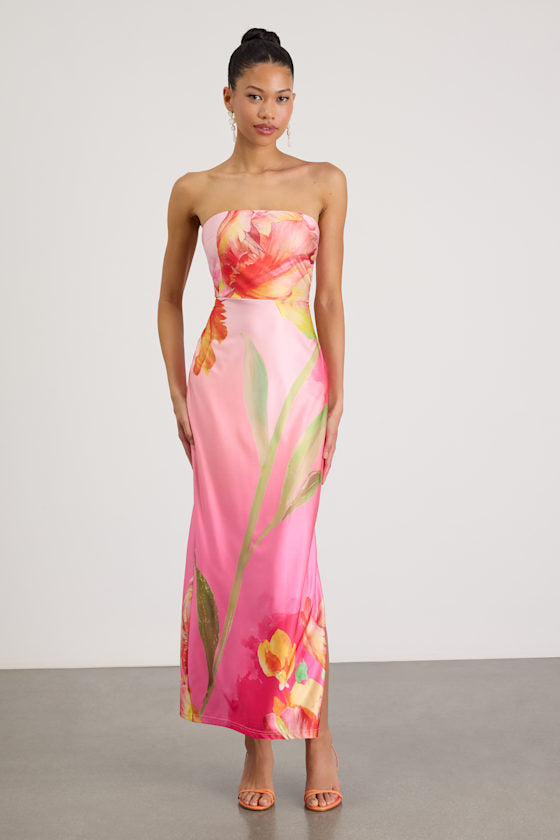 Anahi Pink Multi Floral Satin Strapless Maxi Dress #Color_Pink Multi Floral