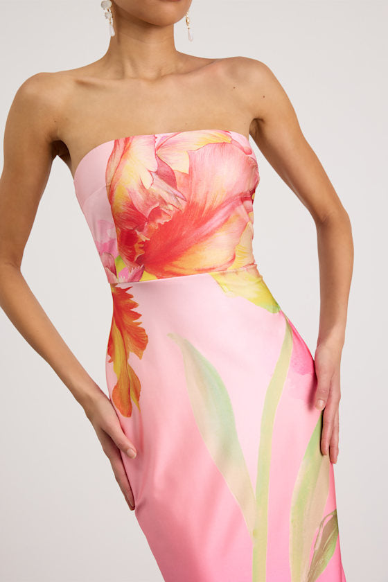 Anahi Pink Multi Floral Satin Strapless Maxi Dress #Color_Pink Multi Floral