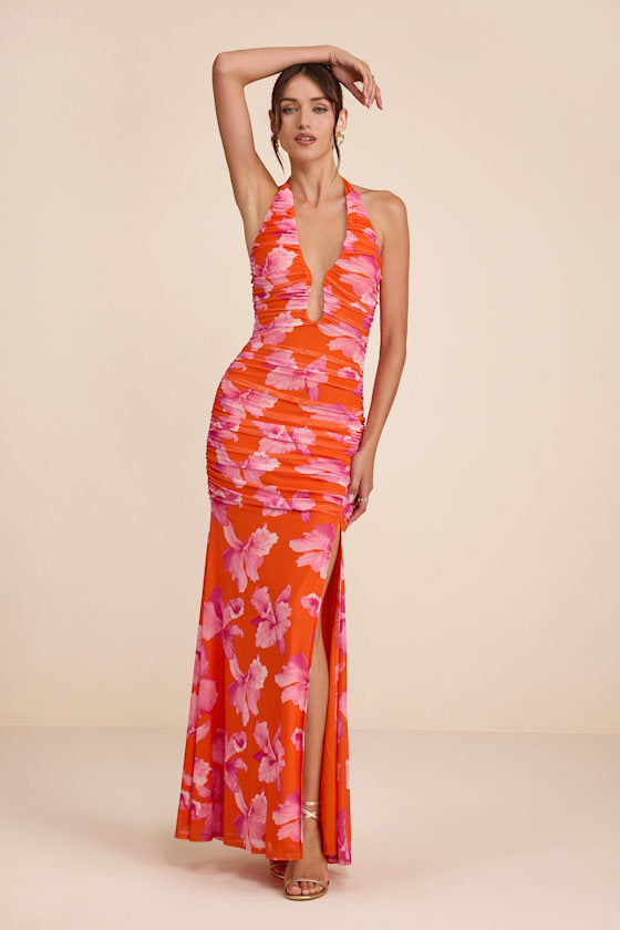 Fiametta Orange and Pink Floral Ruched Maxi Dress #Color_Orange and Pink Floral