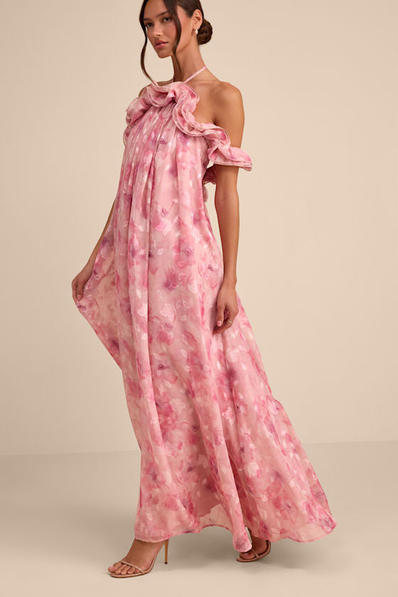 Amia Pink Floral Burnout Ruffled Shift Maxi Dress