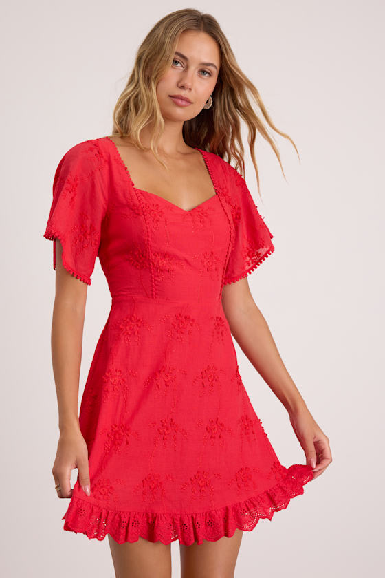Morning in Mallorca Red Eyelet Mini Dress #Color_Red