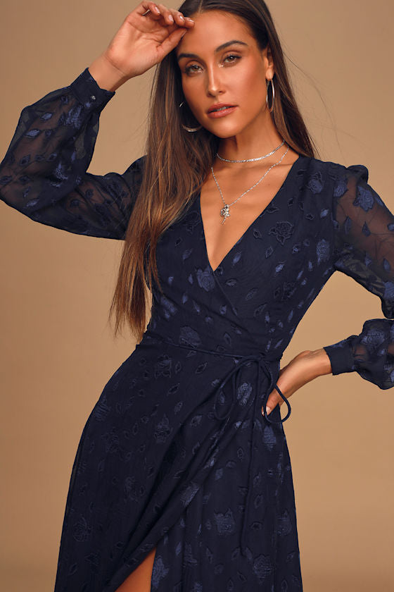 Evening of Elegance Navy Blue Floral Jacquard Wrap Midi Dress #Color_Navy Blue