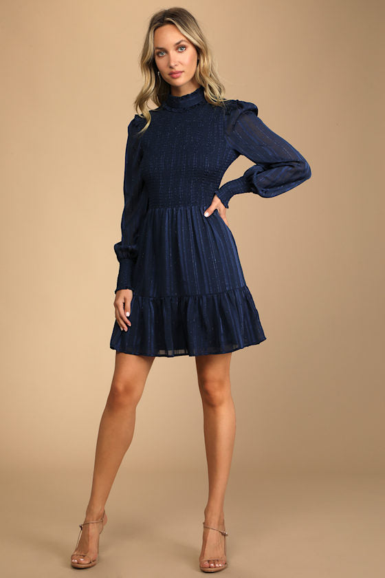 Heartful Romance Navy Striped Smocked Long Sleeve Mini Dress #Color_Navy