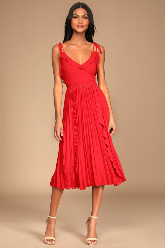 Never a Dull Moment White Tie-Strap Pleated Midi Dress