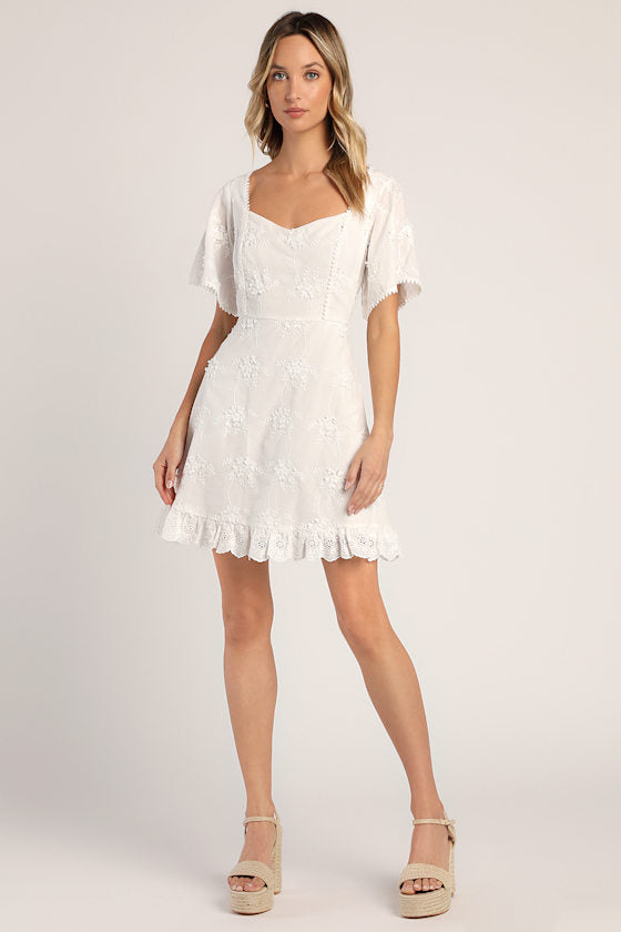 Morning in Mallorca White Eyelet Mini Dress #Color_White