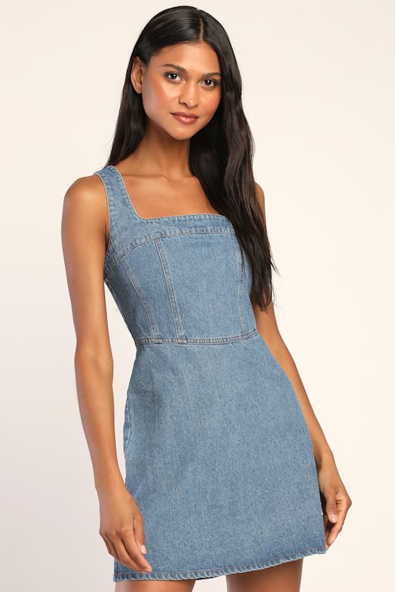 So Delighted Medium Wash Denim Corset Seam Mini Dress #Color_Medium Wash Denim