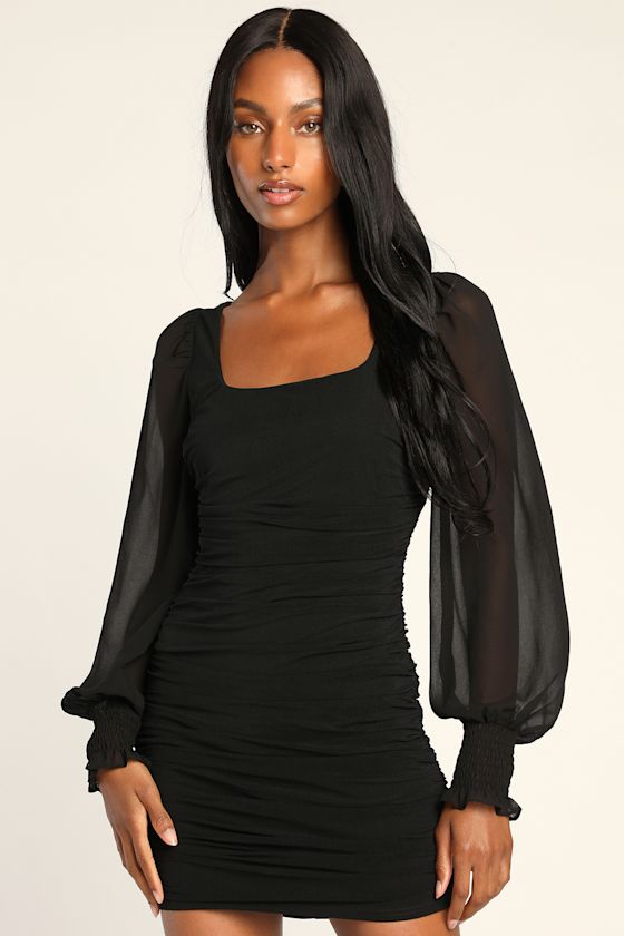 Perfect Sensation Dark Green Mesh Ruched Puff Sleeve Mini Dress