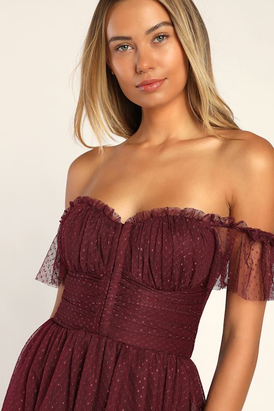 Regal Radiance Burgundy Tulle Bustier Midi Dress #Color_Burgundy